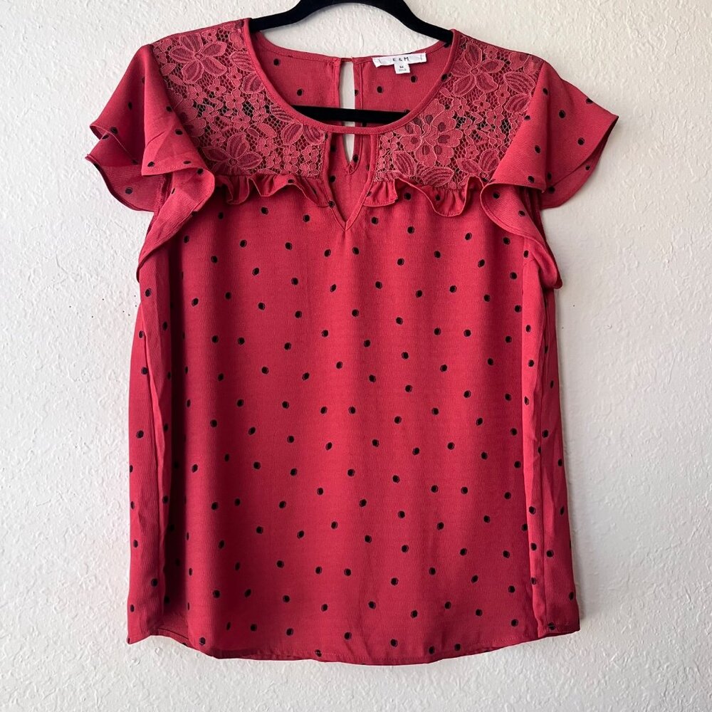 E & M‎ Women's Ruffle Short Sleeve Semi Shier Polka Dots Blouse Size M